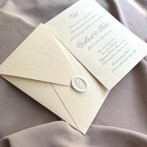 Luxury Embossed Wedding Invitation with Monogram Wax Seal | Cream Raised Print Card & Envelope | Classic Elegant Wedding Invite image 1