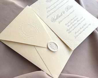 Luxury Embossed Wedding Invitation with Monogram  Wax Seal | Cream Raised Print Card & Envelope | Classic Elegant Wedding Invite