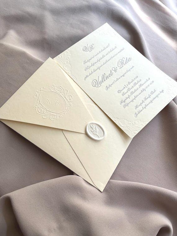 Luxury Embossed Wedding Invitation with Monogram  Wax Seal | Cream Raised Print Card & Envelope | Classic Elegant Wedding Invite