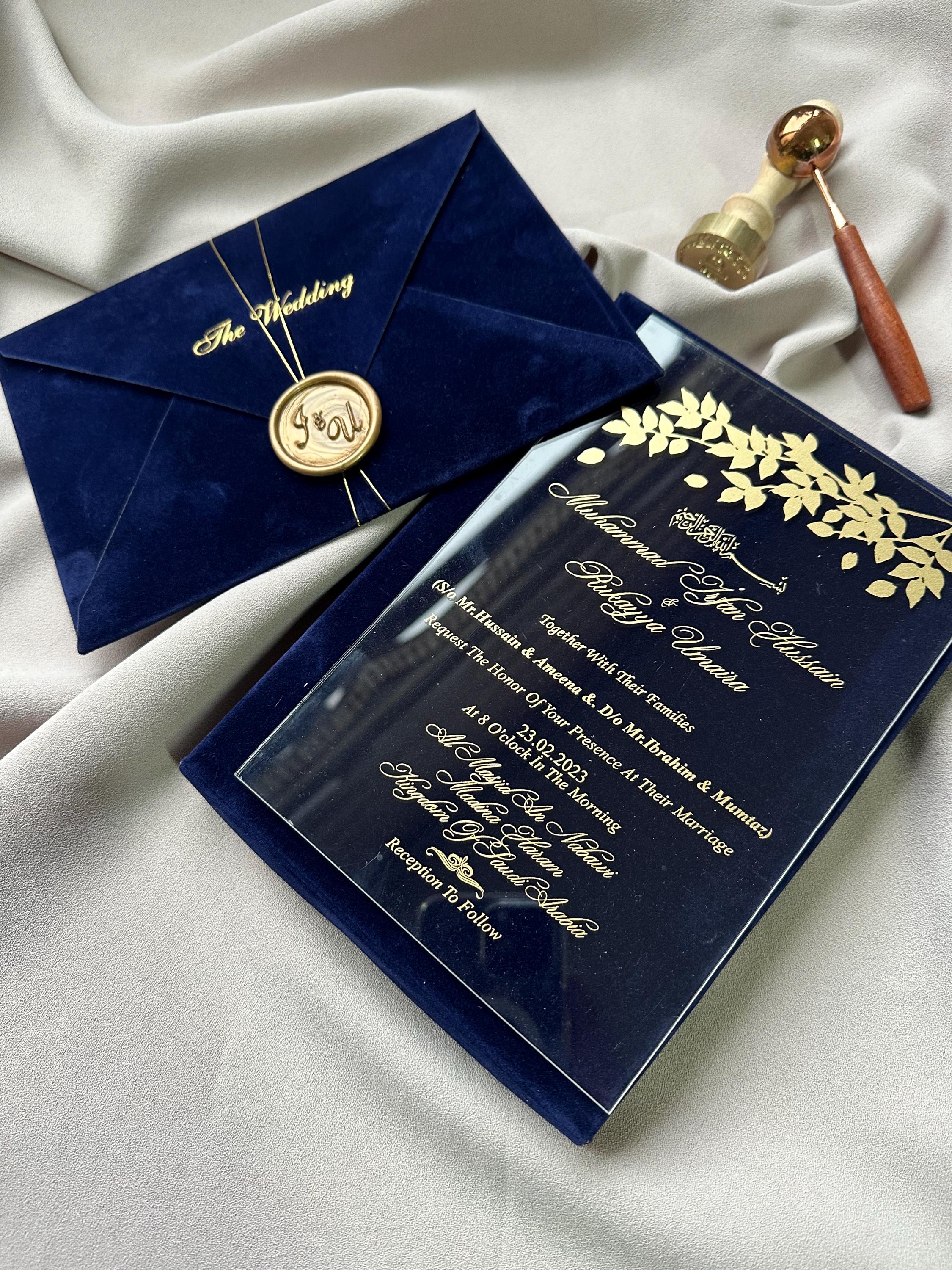 Luxury Acrylic Wedding Invitation Gold Foil | Velvet Envelope Wax Seal ...