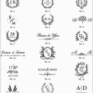 May include: A collection of black and white wedding or event invitation designs. Each design features elegant typography, monograms, dates, and decorative elements like wreaths and flourishes. The designs are suitable for various special occasions.
