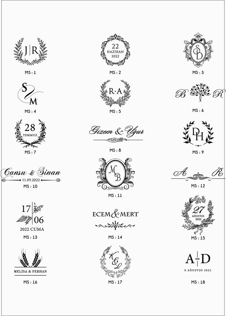 May include: A collection of black and white wedding or event invitation designs. Each design features elegant typography, monograms, dates, and decorative elements like wreaths and flourishes. The designs are suitable for various special occasions.