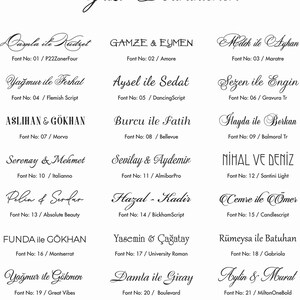 May include: A graphic with a list of Turkish names written in different fonts. The names are paired with the font name and number. The graphic is a guide to different fonts for calligraphy and lettering.
