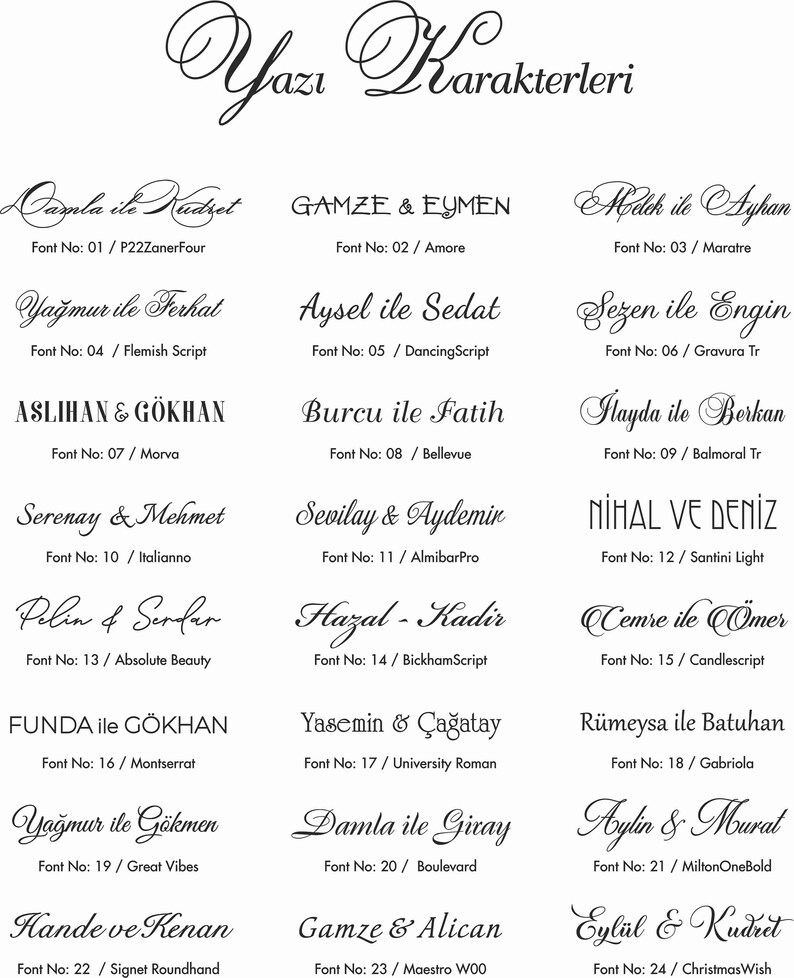 May include: A graphic with a list of Turkish names written in different fonts. The names are paired with the font name and number. The graphic is a guide to different fonts for calligraphy and lettering.