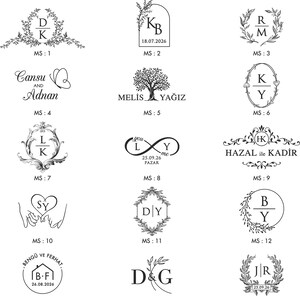 May include: A collection of 18 different monogram styles for wedding invitations, featuring various fonts, floral designs, and heart shapes. The monograms include initials, names, and dates.