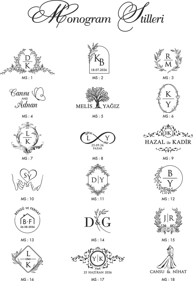May include: A collection of 18 different monogram styles for wedding invitations, featuring various fonts, floral designs, and heart shapes. The monograms include initials, names, and dates.