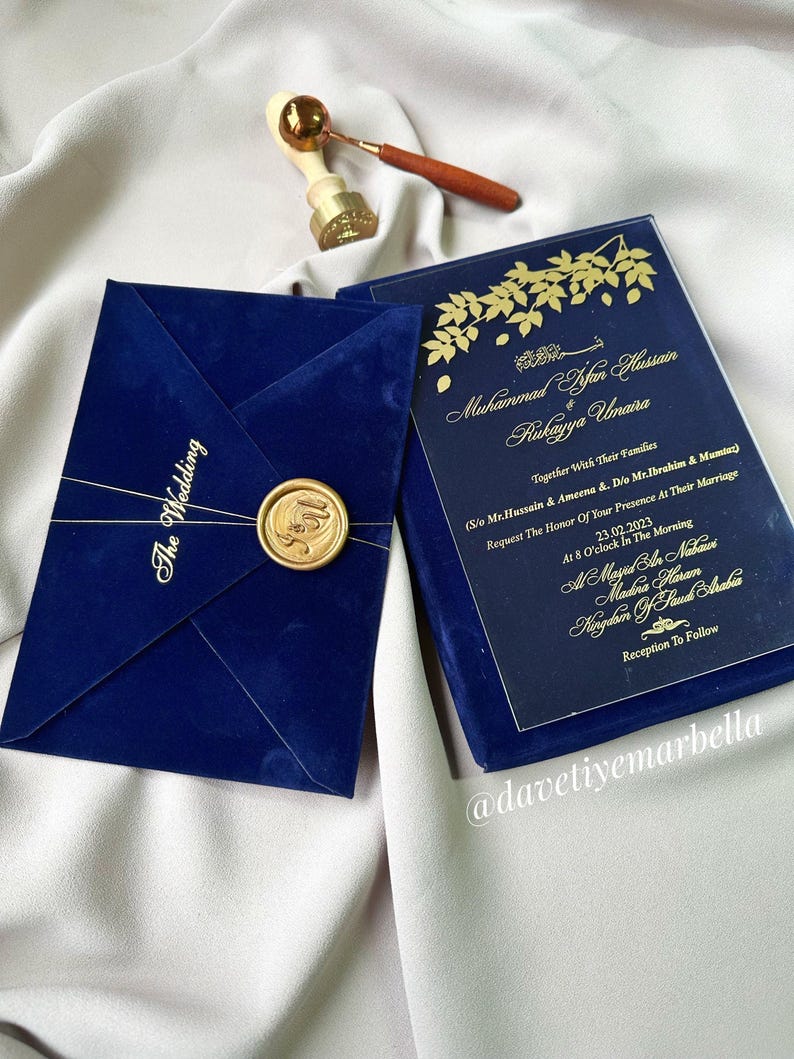 Luxury Acrylic Wedding Invitation Gold Foil | Velvet Envelope Wax Seal ...