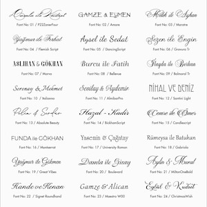 May include: A white background displays various names and font styles, each with a corresponding font number. The names are written in different fonts, including cursive and bold styles. The image showcases a variety of text designs.