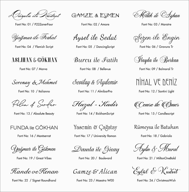 May include: A white background displays various names and font styles, each with a corresponding font number. The names are written in different fonts, including cursive and bold styles. The image showcases a variety of text designs.