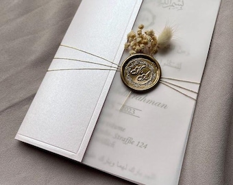 Luxury Arabic Wedding Invitation with Wax Seal, Vellum Wrap & Dried Flowers | Elegant Islamic Nikah Invite | Gold Foil Style Card