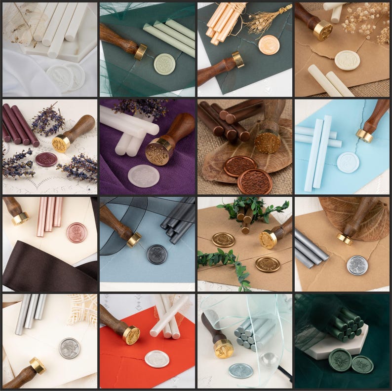 May include: A collage of wax seal stamps and sealing wax sticks in various colors. The stamps have wooden handles and gold-colored metal stamp heads. The wax sticks are in shades of white, pink, green, and brown.