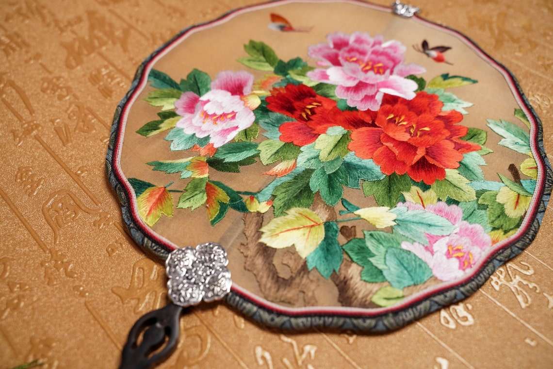 Chinese Doublesided Hand Embroidery Fan Peonies Silk Fan Etsy