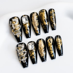 Sun&Beam Nails Handmade Press On Nail Medium Long Coffin Black Gold Silver Dragon 3D Design Art Charms Cute Fake Tip