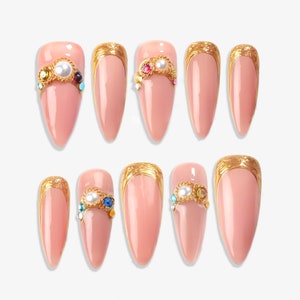 Sun&Beam Handmade Press-on Nails Long Amlond Stiletto Beige Golden Vintage Design 10 Pcs HM103