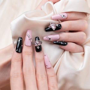 Sun&Beam Nails Handmade Press-on Medium Long Coffin Ballerina Pink Black Y2K Trendy Minimalist Design Fashion False Nail Tips 10 Pcs #244