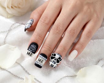 Sun&Beam Nails Handmade Short Square Press-On Nails Black White Pearl Bow Design #048