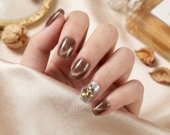 Sun&Beam Nails Handmade Short Square Press-On Nails Bronze Gold Shimmer Gem Accent #035