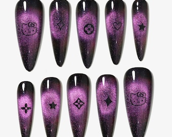 Ongles longs et pointus à presser faits à la main Sun&Beam Nails, chat noir, violet, oeil de chat, faux ongles, design à la mode, lot de 10 pièces # 153 XS