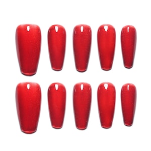 Sun&Beam Nails Handmade Press-on Medium Long Coffin Ballerina Red Color Magnet Minimalist Design Fashion False Nail Tips 10 Pcs Set #164