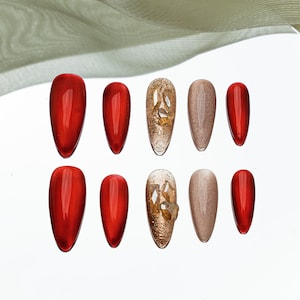 Sun&Beam Nails Handmade Press-on Long Amlond Red Brown Rhinestone Minimalist Magnet Design Fashion False Nail Tips 10 Pcs Set #214