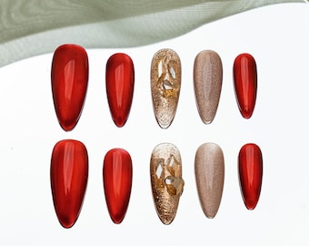 Sun & Beam Nails Handgemaakte Press-on Lange Amlond Roodbruin Strass Minimalistische Magneet Ontwerp Mode Kunstnagel Tips 10-delige set #214