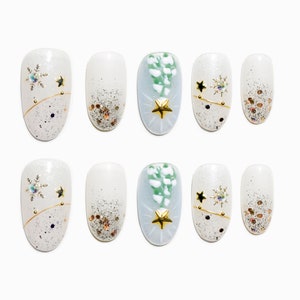 Sun&Beam Nails Handmade Press-on Medium Long Oval Round White Gold Green Glitter Winter Christmas Design False Nail Tips 10 Pcs #141