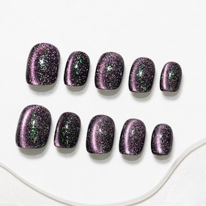 Sun & Beam Nails Handgemaakte Press-on Korte Squoval Rond Zwart Paars Groen Zoet Effen Minimalistisch Ontwerp Mode Kunstnagel Tips 10 stuks #256