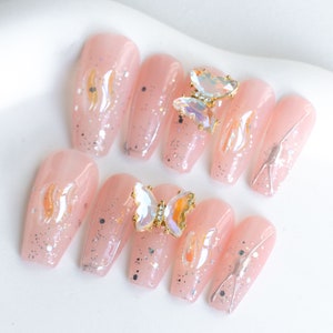 Handmade Press On Nails Long Coffin Pink Gold Spin Crystal Butterfly Acrylic Fake Tip 3D Design Art Charms Cute 10 Pcs