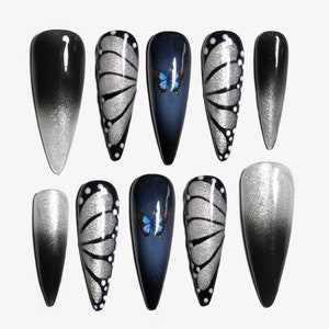Sun&Beam Nails Handmade Press-on Long Pointed Nails Silver Black Butterfly Gray False Nail Tips Design Fashionable 10 Pcs Set #160