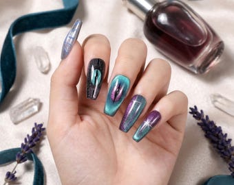 Sun&Beam Nägel Handgefertigte Medium Trapez Press-On Nägel Galaxy Katzenauge Schimmer Design Lila Blau Grün #144