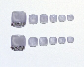 Sun&Beam Nails Handmade Press-on Short for Toes Purple Blue Rhinestone Glitter Hand-Painted Design Fashion False Nail Tips 10 Pcs Set #225
