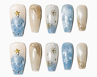 Sun&Beam Nails Handmade Press-on Medium Long Coffin Blue White Gold Glitter Winter Christmas Design False Nail Tips 10 Pcs #143