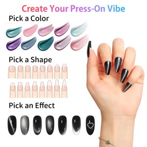 May include: The image showcases a variety of press-on nail options. It features a color palette, shape options, and effect choices. A hand displays long, black press-on nails. Text at the top reads "Create Your Press-On Vibe."
