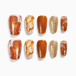 Sun&Beam Nails Handmade Press-on Short Coffin Ballerina Brown Gold White Amber Gradients Design False Nail Tips 10 Pcs #134