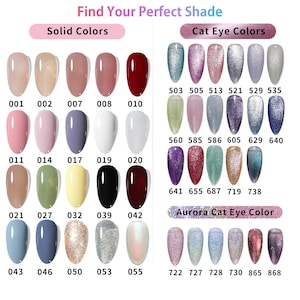 May include: A selection of nail polish colours, including solid and cat-eye finishes. The image showcases a range of shades, from neutral tones to vibrant reds and shimmering metallics. Text at the top reads "Find Your Perfect Shade."