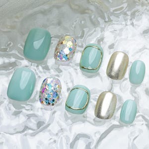 Sun&Beam Nails Handmade Press-on Short Squoval Round Green Gold Glitter glossy Hand-Painted Design Fashion False Nail Tips 10 Pcs Set #181