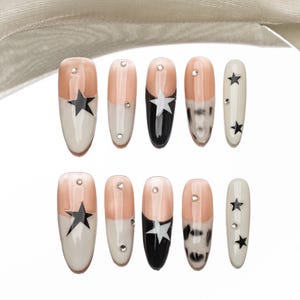 Sun&Beam Nails Handmade Press-on Long Oval Black White Pink Star French Hand-Painted Design Fashion False Nail Tips 10 Pcs Set #212