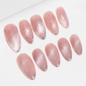 Handmade Press On Nail Medium Long Almond Oval Pink Magnet Silver Glitter Fake Tip Design Art Charms Cute 10 Pcs