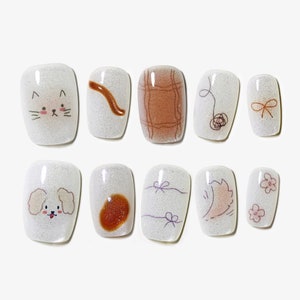 Sun&Beam Nails Handmade Press-on Short Square Silver Brown Hand-painted Cats Dogs Design False Nail Tips 10 Pcs #146