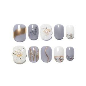 Sun&Beam Nails Handmade Press-on Short Squoval Round Grey White Gold Flower Glitter 3D Design Fashion False Nail Tips 10 Pcs Set #166