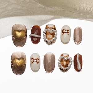 Sun&Beam Nails Handmade Press-on Short Round Brown White 3D Pearl Hand-Painted Design Fashion False Nail Tips 10 Pcs Set #213