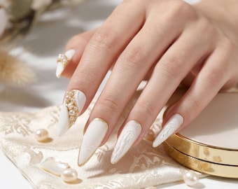 Sun&Beam Nails Handmade Press-On Long Almond Stiletto with  White Gold 3D Color Design Charm Pearl Cute False Nail Tips 10 Pcs #80