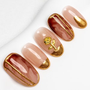 Handmade Press On Nail Medium Short Oval Glod Brown Flower Fake Tip 3D Design Art Charms Cute with Box 10 Pcs