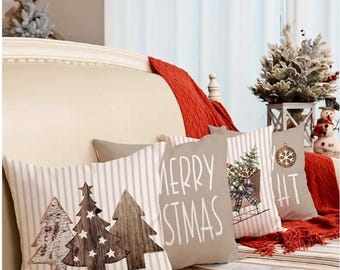Rustic Christmas Pillowcases, 4pcs Christmas Pillow Covers 18x18 for Christmas Decorations, 4pcs  Neutral Color Christmas Throw pillowcases