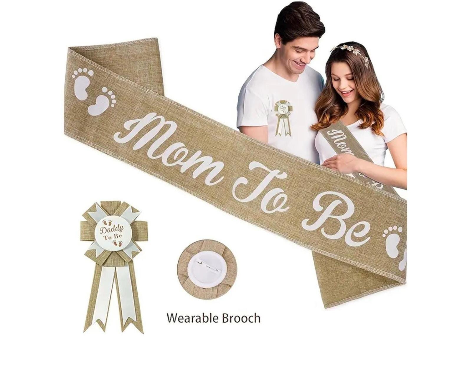 Neutral Burlap Mom to Be Sash, Rustic Daddy to Be Badge, Rustic Boho Mommy to Be Sash, Baby Shower  Props for Mom and Dad to Be