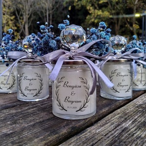 Custom Wedding Favor Candle: Crystal Glass, Real Flower Label