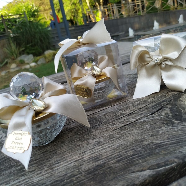 Personalized Wedding Favor, Candy in Glass Bowl, Party Favor, Thank You Gift, Rustic Wedding Candy Favors, Sugared Dragee Boxes