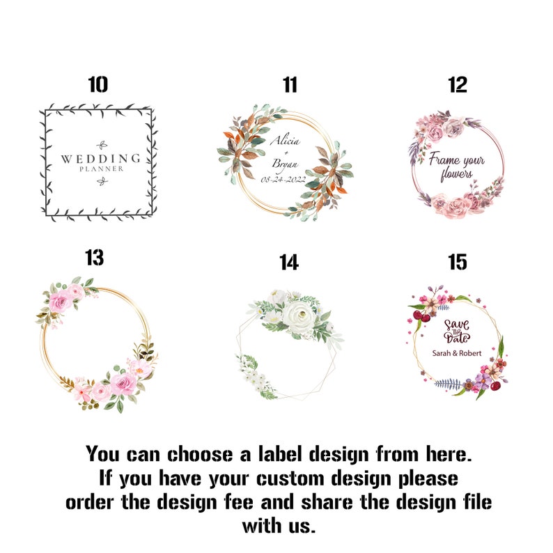 Puede incluir: Una colecci&oacute;n de 10 dise&ntilde;os diferentes de etiquetas de boda. Los dise&ntilde;os presentan coronas de flores, formas geom&eacute;tricas y texto como "Wedding Planner", "Save the Date" y "Frame your flowers".