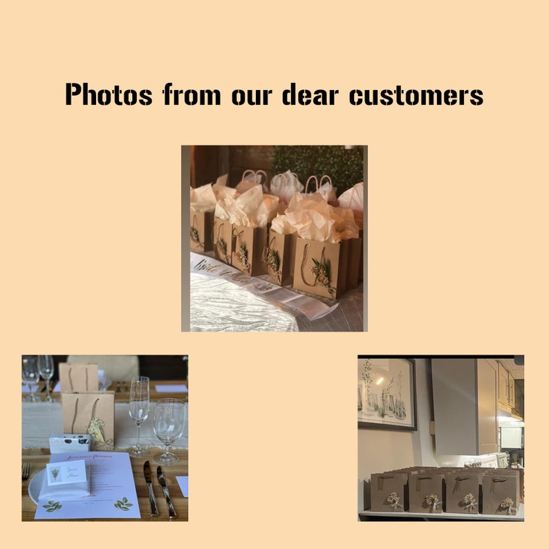 May include: A collection of brown paper gift bags with white tissue paper and floral embellishments. The bags are arranged on a white table with a white tablecloth. The bags are decorated with the word "Bride" and a floral design.