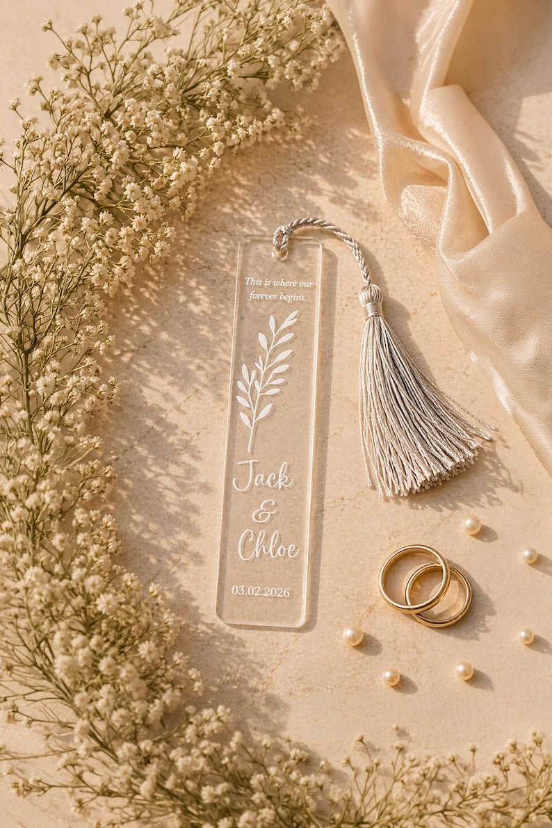 May include: A clear acrylic bookmark with a white floral design and the names "Jack & Chloe" and the date 03.02.2026. The bookmark has a silver tassel and is surrounded by flowers, wedding rings, and pearls.